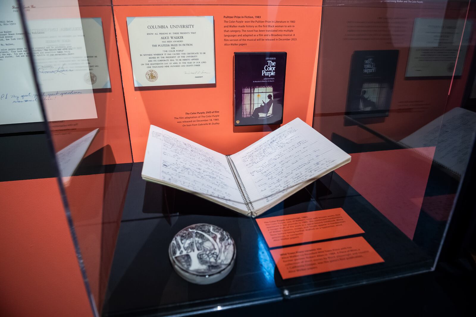 One of the drafts of Alice Walker’s novel “The Color Purple” is displayed in the quadrant focused on her in "At the Crossroads with Benny Andrews, Flannery O’Connor and Alice Walker."