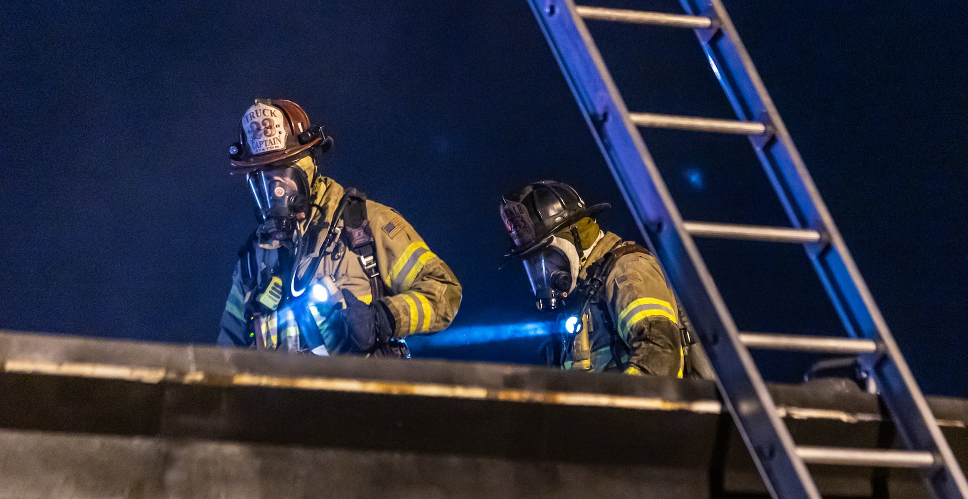 DeKalb County firefighters battle a blaze at the Celestial Citizens Global church April 19, 2024. Pastor Oluremi Fesojaye  called 911 and had already gotten out of the church when DeKalb firefighters arrived. Crews had to cut a hole in the structure’s metal roof as they fought the blaze. (John Spink/AJC)