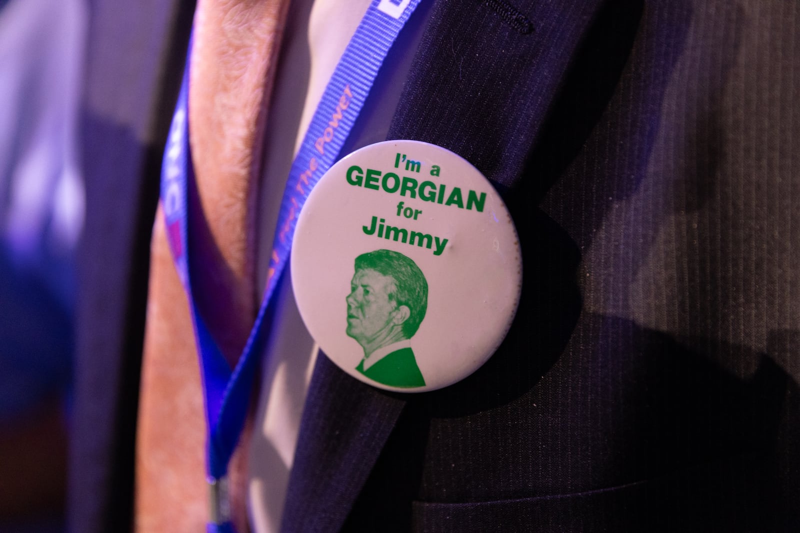 A Georgia delegate wears a Jimmy Carter pin at the Democratic National Convention in Chicago.