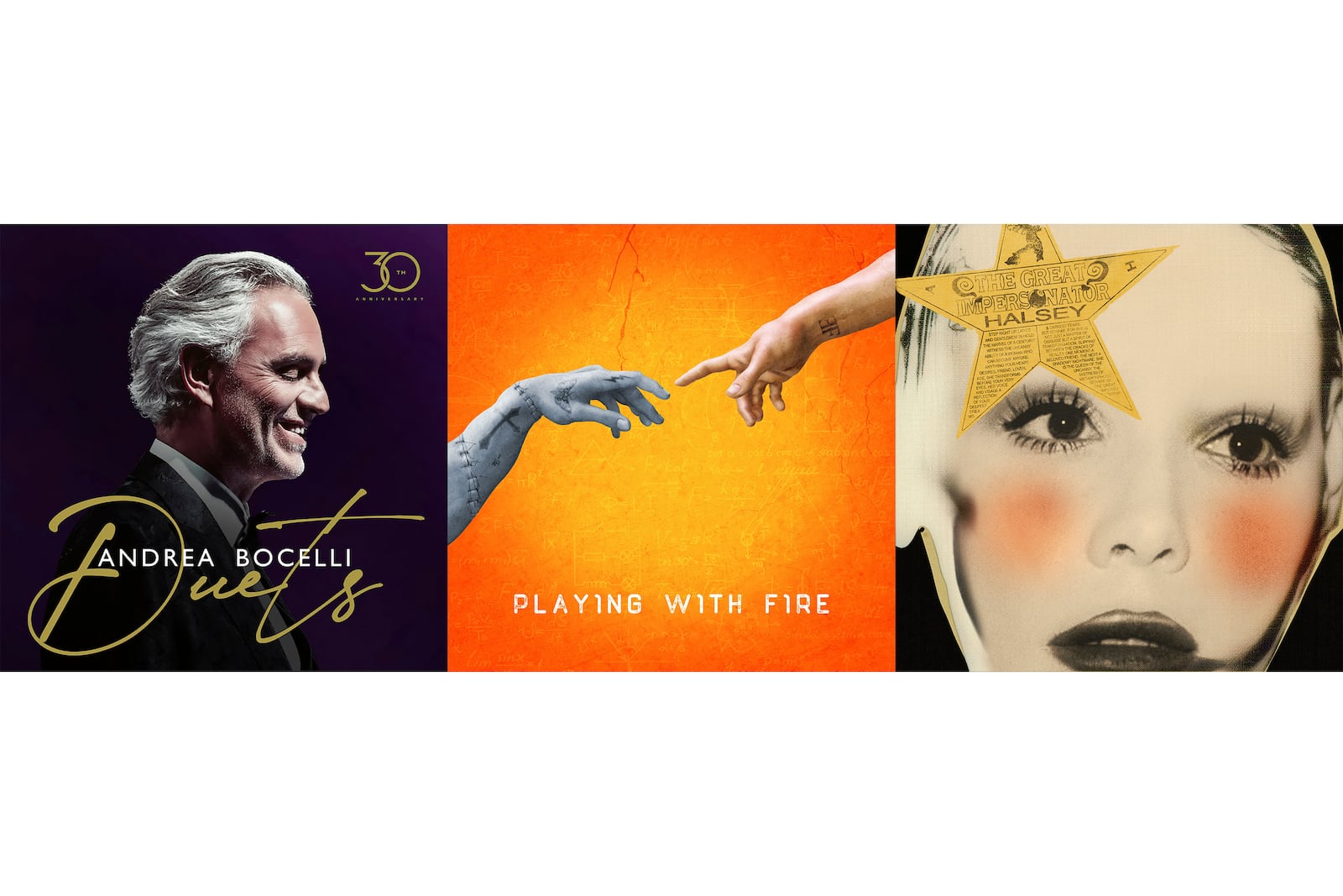 This combination of album cover images shows "Duets" by Andrea Bocelli, from left, “Playing With Fire” by J.C. Chasez and Jimmy Harry, and “The Great Impersonator” by Halsey. (Decca-Sugar Music/Center Stage/Columbia via AP)