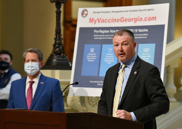 Georgia Emergency Management and Homeland Security Agency Director James Stallings speaks to members of the press to give an update on COVID-19 vaccine distribution. (Hyosub Shin / Hyosub.Shin@ajc.com)
