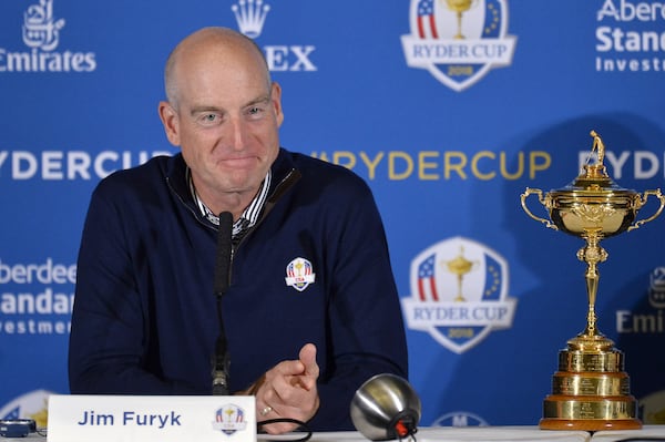 PARIS, FRANCE - OCTOBER 17:  Jim Furyk, Captain of The United States of America speaks during a Ryder Cup 2018 Year to Go Captains Press Conference at the Pullman Paris Tour Eiffel Hotel  on October 17, 2017 in Paris, France.  (Photo by Aurelien Meunier/Getty Images)