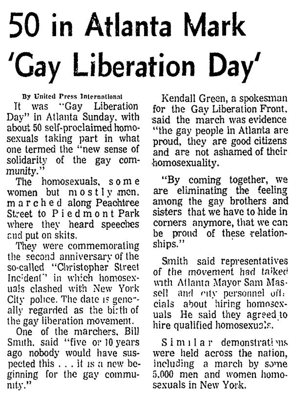 The event that would eventually be known as Atlanta's first Pride march was mentioned in this short write-up in the June 28, 1971, edition of The Atlanta Journal (page A9), and was written by the United Press International wire service. (AJC archive)