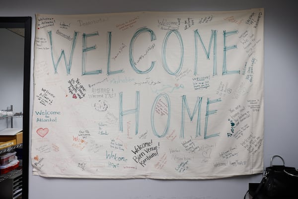 A welcome home sign hangs in the reception area of International Rescue Committee (IRC) in Atlanta on Tuesday, November 29, 2022. (Natrice Miller/natrice.miller@ajc.com)  