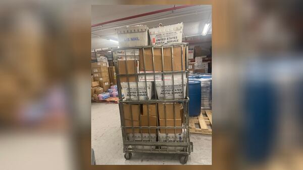 This bin of boxes and parcels were among 10 pallets of unprocessed mail, some of it months old, the VA had in its Decatur hospital warehouse in September 2021