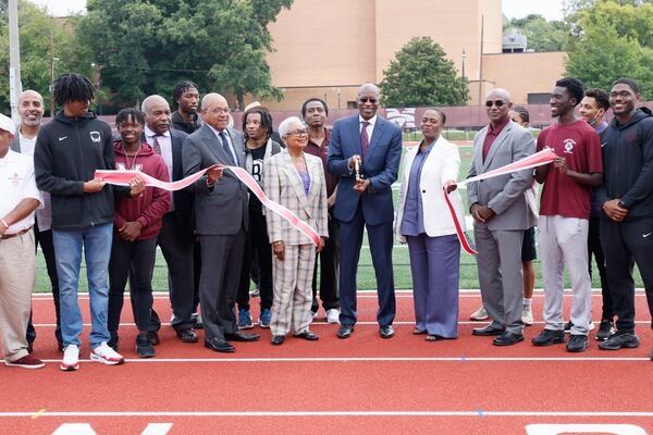 Multi-Olympic medalist Edwin Moses participates in the ribbon-cutting ceremony on the track that bears his name at Morehouse College in Atlanta on Tuesday, August 23, 2022. Miguel Martinez / miguel.martinezjimenez@ajc.com