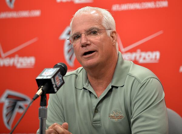 APRIL 22, 2014 FLOWERY BRANCH Falcons Head Coach Mike Smith and Quarterback Matt Ryan speak during a press conference at the team's headquarters in Flowert Branch, Tuesday, April 22, 2014. KENT D. JOHNSON/KDJOHNSON@AJC.COM Atlanta Falcons head coach Mike Smith speaks about the season ahead at the team's headquarters in Flowery Branch, Tuesday, April 22, 2014. ( Kent D. Johnson / AJC)