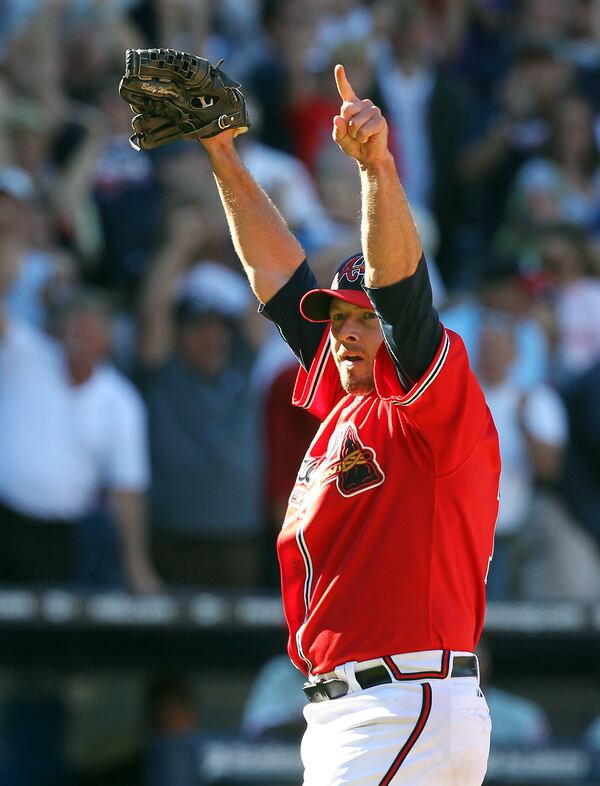 Braves closer Billy Wagner reacts to setting down the Phillies in the 9th inning to hold on for the 8-7 victory at Turner Field in Atlanta on Sunday, Oct. 3, 2010. Curtis Compton / curtis.compton@ajc.com