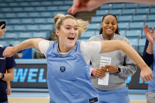 Columbia guard Kitty Henderson celebrates at practice in Chapel Hill, N.C., Wednesday, March 19, 2025, before their First Four basketball game in the NCAA Tournament against Washington on March 20. (AP Photo/Nell Redmond)