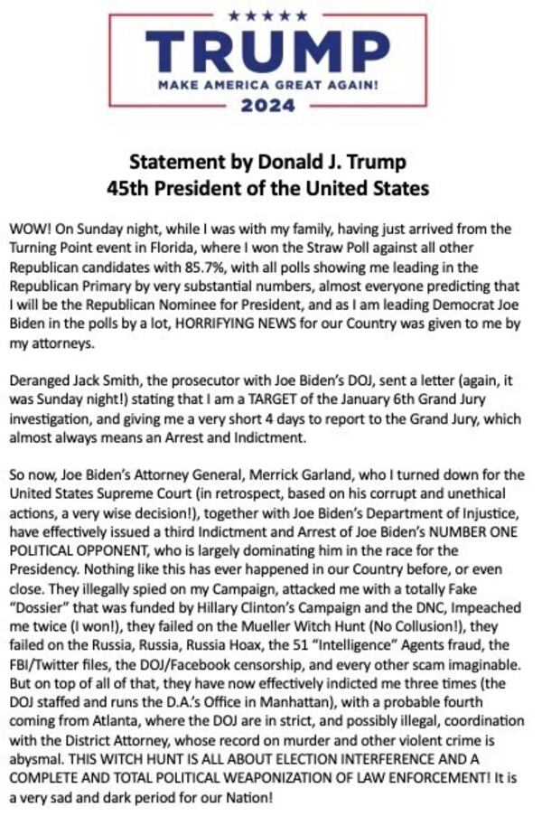 Former President Donald Trump says he's a target of a federal investigation of events that led to the Jan. 6 attack on the U.S. 
Capitol.