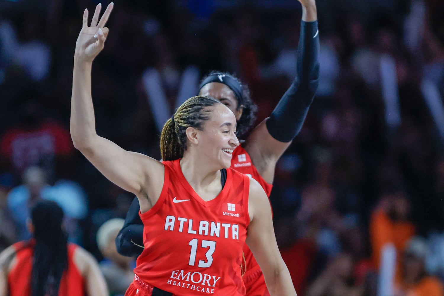 Atlanta Dream guard Haley Jones reacts after a 3-pointer during the second half at Gateway Center Arena, Sunday, May 26, 2024, in Atlanta.
(Miguel Martinez / AJC)