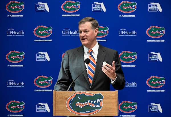 Florida Gators athletic director Scott Stricklin speaks during an introductory press conference for new football head coach Dan Mullen at the Bill Heavener football complex on November 27, 2017 in Gainesville, Florida. (Rob Foldy/Getty Images/TNS)