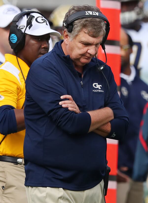 Georgia Tech coach Paul Johnson walks the sidelines during a loss to Georgia Saturday at Bobby Dodd Stadium.