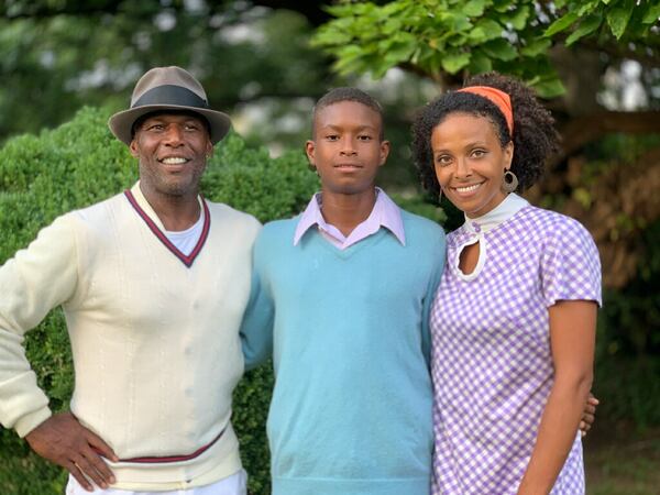 From left; stepfather Andre Miller, Jelani Sarr and mother Amanda Nord on the set of "Ashe '68" in 2019.