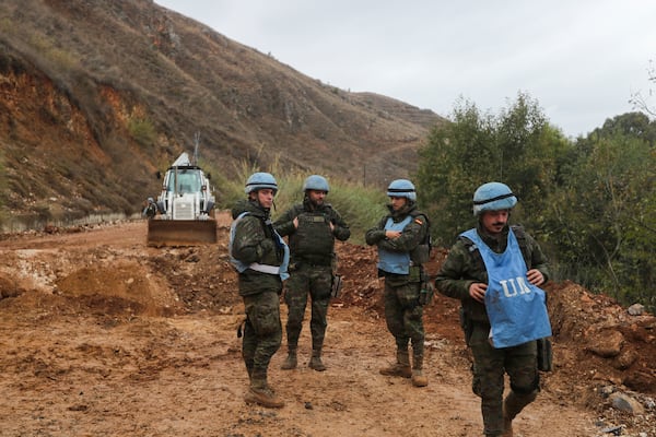 UNIFIL peacekeepers secure the area in Khardali, southern Lebanon, following a ceasefire between Israel and Hezbollah on Wednesday, Nov. 27, 2024. (AP Photo/Mohammed Zaatari)