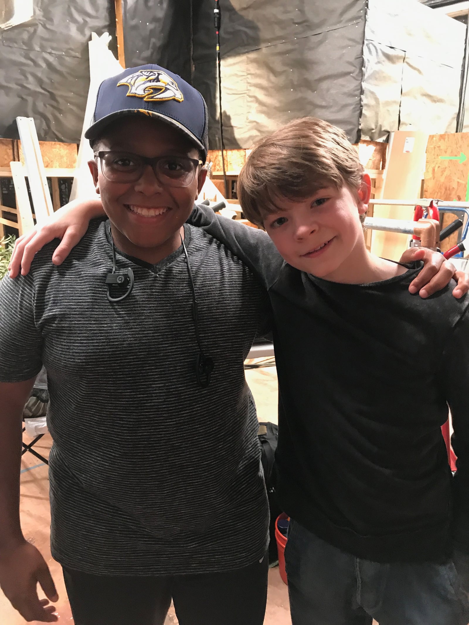 Tre Peart, who came up with the idea of the movie "War With Grandpa," with star Oakes Fegley on the set in Atlanta in 2017. CR: Marro Films