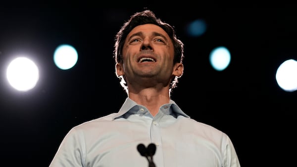 U.S. Sen. Jon Ossoff, D-Ga., speaks during a Rally for our Republic gathering, Saturday, March 22, 2025, in Atlanta. (AP Photo/Mike Stewart)