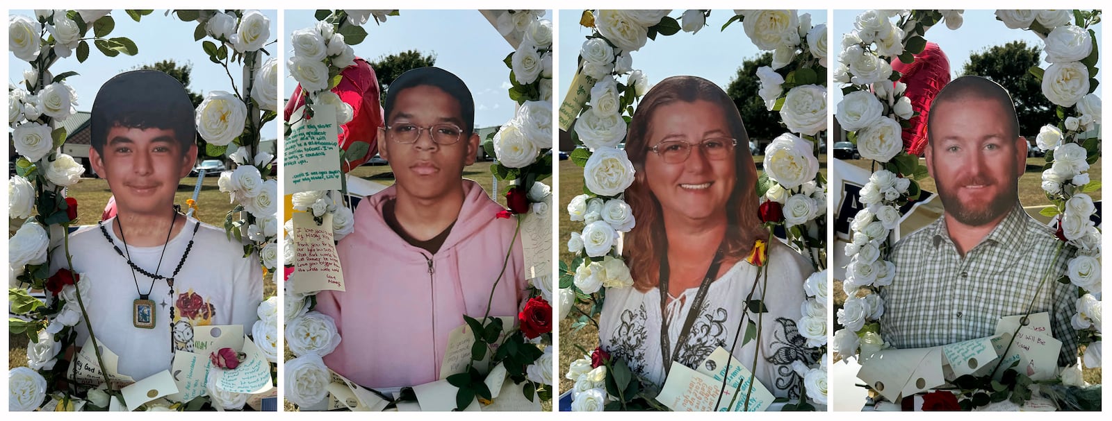 FILE - This combination of images show shooting victims, from left, Christian Angulo, Mason Schermerhorn, Cristina Irimie and Richard Aspinwall, displayed at a memorial outside Apalachee High School, Sept. 10, 2024, in Winder, Ga. (AP Photo/Charlotte Kramon, File)