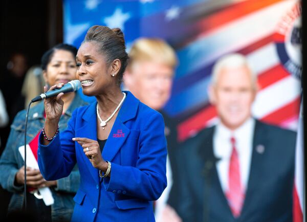  
Annette Davis Jackson running for the U.S. Senate, talks to the crowd at the Wild Honey Acres Farm during the Republican United Faces of America Rally in Lawrenceville Sunday, September 20, 2020.    STEVE SCHAEFER / SPECIAL TO THE AJC 