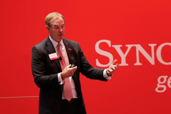 Synovus Chairman, CEO, and President Kevin Blair speaks during the annual Synovus Economic Forecast Breakfast event for insights into the economic environment at Cobb Energy Performing Arts Center on Feb. 26. (Miguel Martinez/AJC)