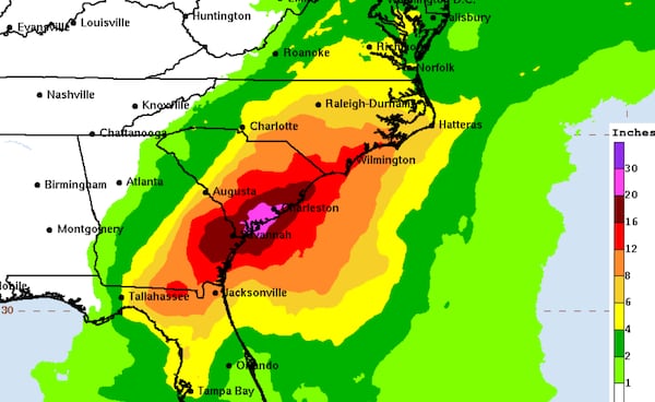 A map from the National Weather Service showing forecasted rain totals from Debby earlier this month. 