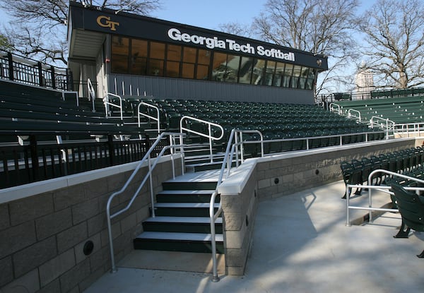 090305-Atlanta - This is a photo of the press box and grandstand inside the new Georgia Tech Softball stadium on Thursday, March 5, 2009. The stadium has both seats and bleachers. Both dugouts have restrooms and the women restroom has seven stalls. The stadium will give spectators a beautiful view of the Atlanta skyline. JOHNNY CRAWFORD/ jcrawford@ajc.com