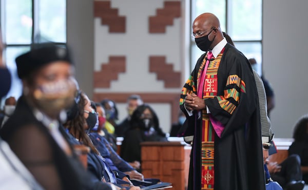 Rev. Dr. Raphael Warnock speaks at the July 30, 2020 funeral service for Rep. John Lewis at Ebenezer Baptist Church in Atlanta.   Alyssa Pointer / alyssa.pointer@ajc.com