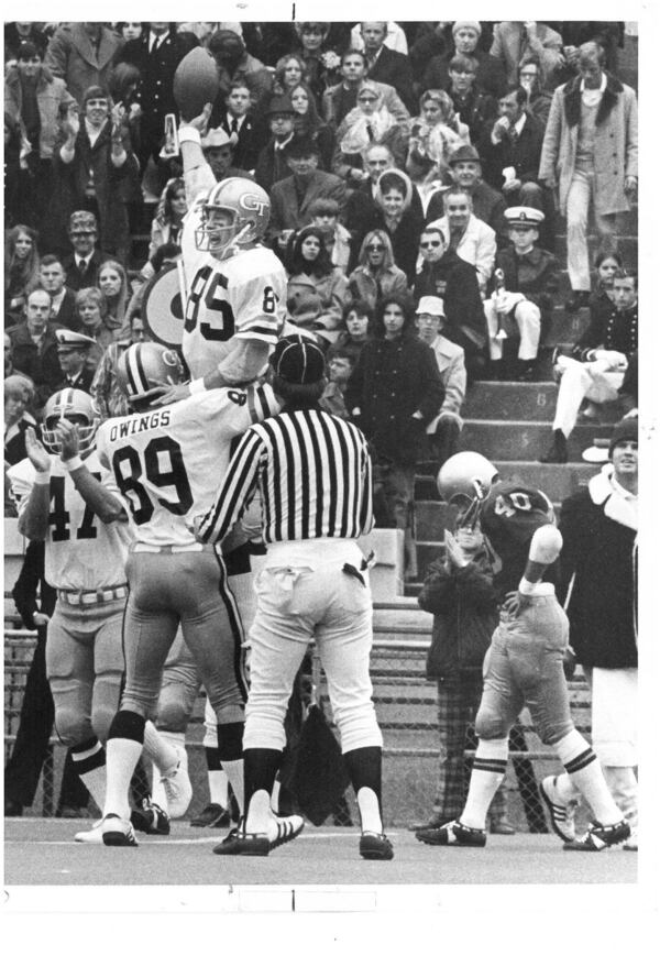 Jimmy Robinson and Tech teammates celebrate a TD. (Courtesy of Georgia Tech)