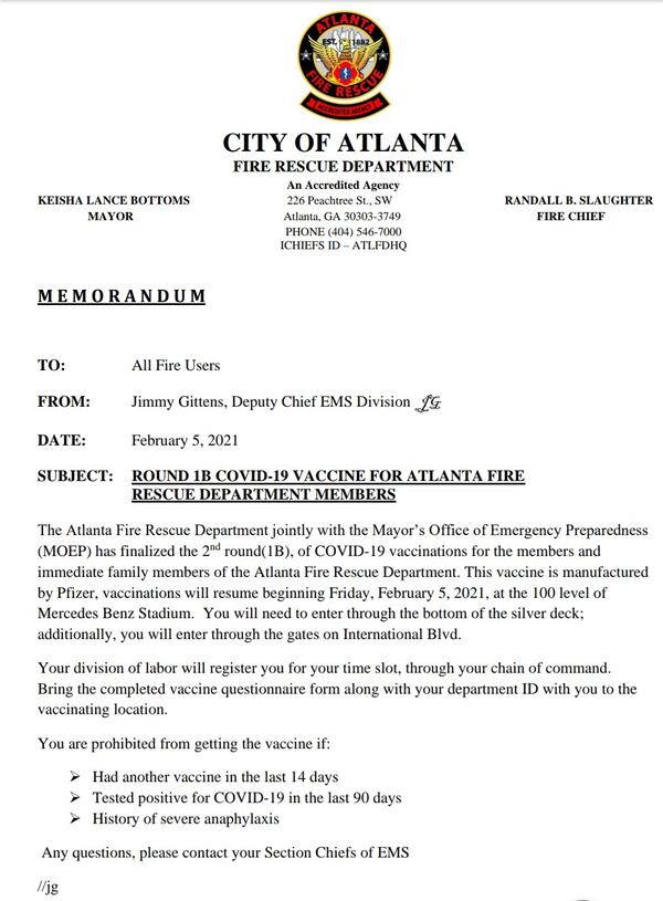 This memo says that the city of Atlanta arranged to get family members of fire department members vaccinated ahead of more vulnerable groups.  Currently, according to state Department of Public Health rules, only people in phase 1A+ are allowed to get vaccinated. Those eligible include those who are 65 or older.