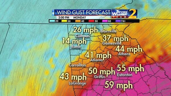 <p>Wind gust forecast for Monday in metro Atlanta</p> <p>A vehicle passes downed palm trees and two cyclists attempt to ride as Hurricane Irma passed through the area on September 10, 2017 in Miami Beach, Florida. (Photo by Joe Raedle/Getty Images)</p>