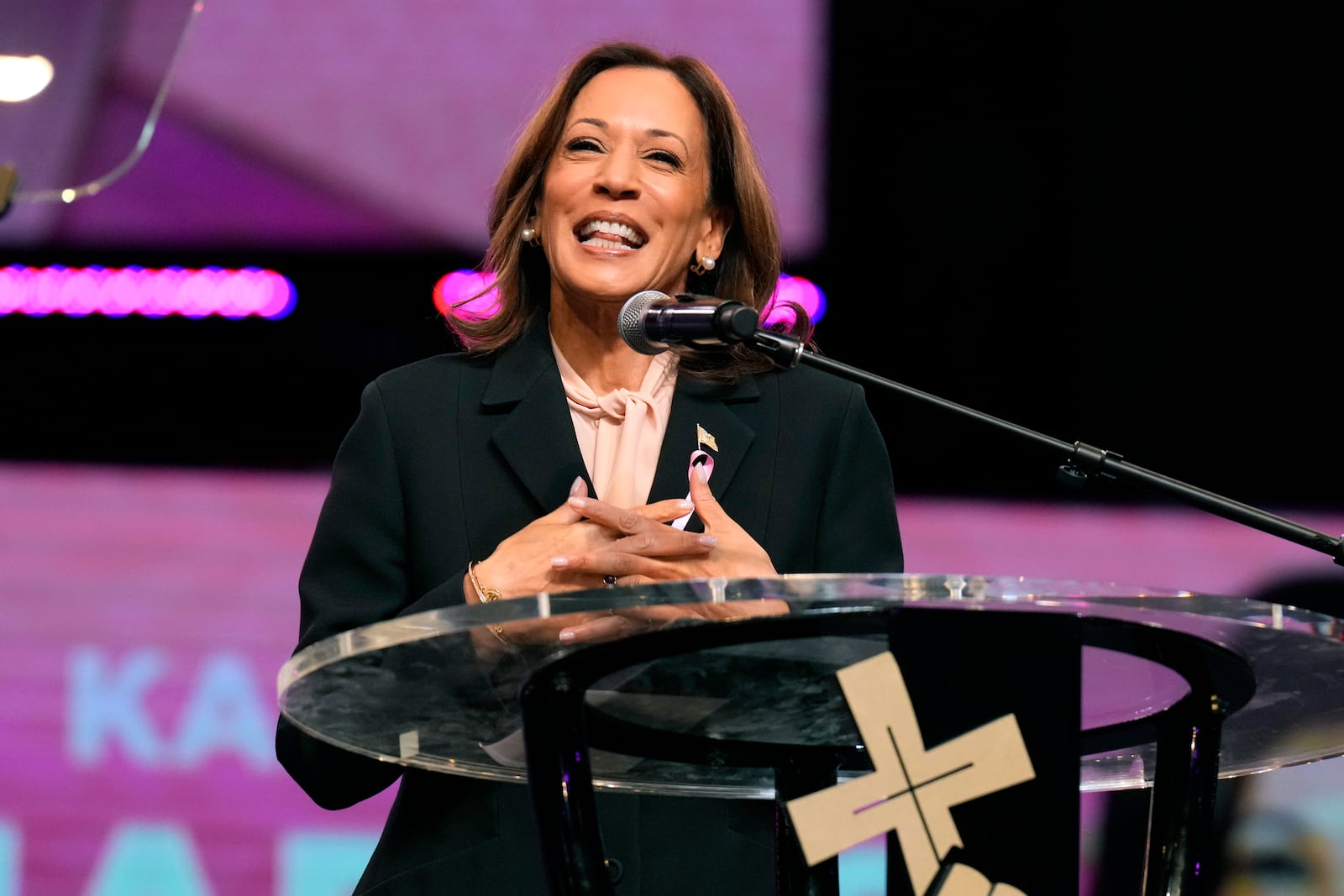 Democratic presidential nominee Vice President Kamala Harris speaks at a church service at New Birth Baptist Church in Stonecrest, Ga., Sunday, Oct. 20, 2024. (AP Photo/Jacquelyn Martin)