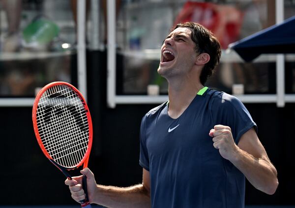 Taylor Fritz reacts after he beat J.J. Wolf during a semifinal match at the 2023 Atlanta Tennis Open at Atlantic Station, Saturday, July 29, 2023, in Atlanta. (Hyosub Shin / Hyosub.Shin@ajc.com)