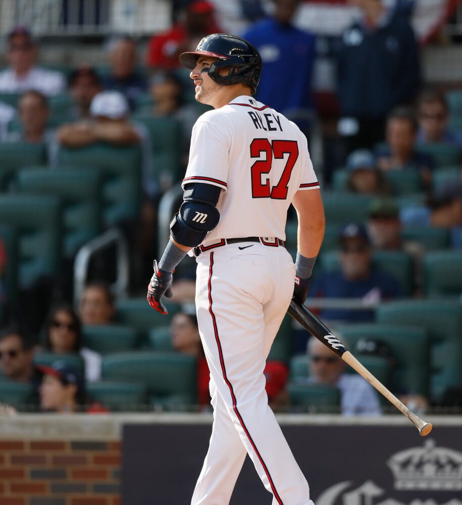 Atlanta Braves' Austin Riley strikes out the end the sixth inning of game one of the baseball playoff series between the Braves and the Phillies at Truist Park in Atlanta on Tuesday, October 11, 2022. (Jason Getz / Jason.Getz@ajc.com)