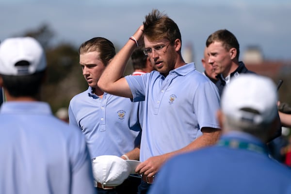 Andy Ogletree removes his cap after the Walker Cup on Sept. 8, 2019. (AP Photo/Jon Super)