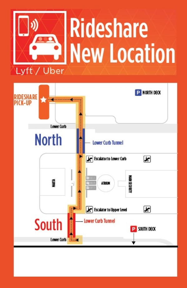 This map shows the route to reach the rideshare pickup zone at Hartsfield-Jackson, which is located on the lower level of Terminal North near the economy lot.