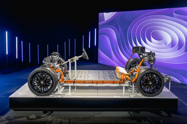 An image of the 2024 Porsche Macan EV platform, known as the  Premium Platform Electric (PPE) with 800-volt architecture, that powers the vehicle. The Macan 4 produces up to 402 horsepower and can go from 0 to 60 miles per hour in under 5 seconds, according to the company. The Macan Turbo, with 630 horsepower, can reach 60 from a dead stop in 3.1 seconds. The vehicles will be capable of being charged from 10% to 80% in as fast as 21 minutes, the company said, at a compatible charging station. Photo courtesy of Porsche.