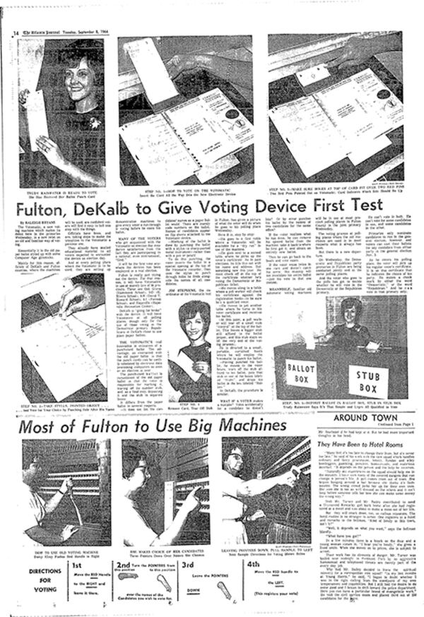 Sept. 8, 1964 -- Journal readers learn how to cast ballots using the then-new Votomatic machines. AJC PRINT ARCHIVES