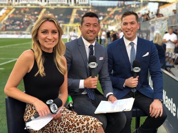 Kevin Egan (right) with commentator Dan Gargan and reporter Jillian Sakovits. (Courtesy of Kevin Egan)