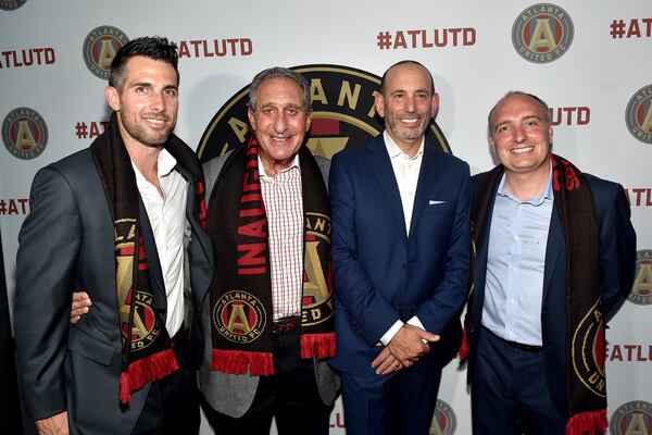 Atlanta United technical director Carlos Bocanegra, team owner Arthur Blank, MLS Commissiner Don Garber, and Atlanta United President Darren Eales. (Photo by Paras Griffin/Getty Images for MLS Atlanta)