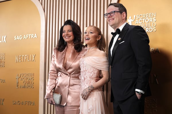 Fran Drescher, from left, Ariana Grande, and Duncan Crabtree-Ireland arrive at the 31st annual Screen Actors Guild Awards on Sunday, Feb. 23, 2025, at the Shrine Auditorium in Los Angeles. (AP Photo/Chris Pizzello)