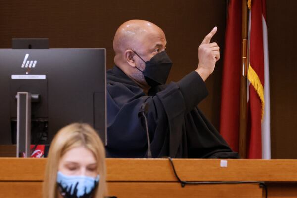 Fulton County Superior Court Chief Judge Ural Glanville points out as he speaks in the courtroom during the Jury selection portion of the trial on Monday, Feb 6, 2023. Miguel Martinez / miguel.martinezjimenez@ajc.com