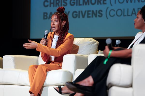 Jaisa Gooden, vice president of startup banking at Silicon Valley Bank,  spoke at Goodie Nation’s Intentionally Good Summit at Woodruff Arts Center on Thursday, Sept. 28, 2023. (Natrice Miller/ Natrice.miller@ajc.com)