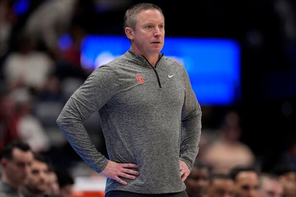 Georgia head coach Mike White watches play against Oklahoma during the second half of an NCAA college basketball game at the Southeastern Conference tournament, Wednesday, March 12, 2025, in Nashville, Tenn. (AP Photo/George Walker IV)