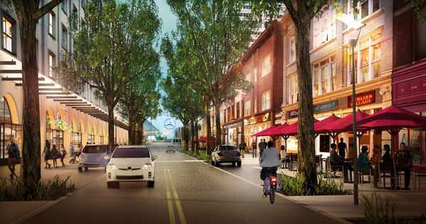 Artist’s rendering of Mitchell Street looking west toward Mercedes Benz Stadium.