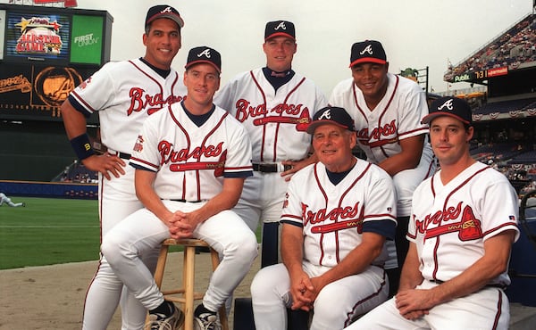 The Braves' contingent from the 2000 All-Star game. (from left to right) Andres Galarraga, Tom Glavine, Chipper Jones, manager Bobby Cox, Andruw Jones and Greg Maddux.