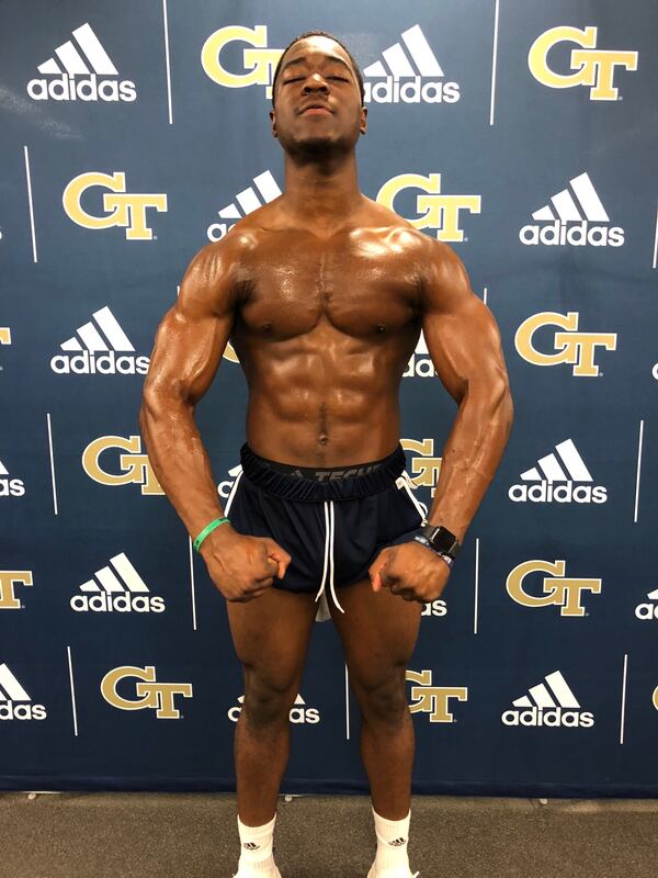 Photos of Georgia Tech wide receiver comparing his strength gains made with new strength and conditioning coach Lewis Caralla. The "before" photo was taken in January. (Photos provided by Georgia Tech)