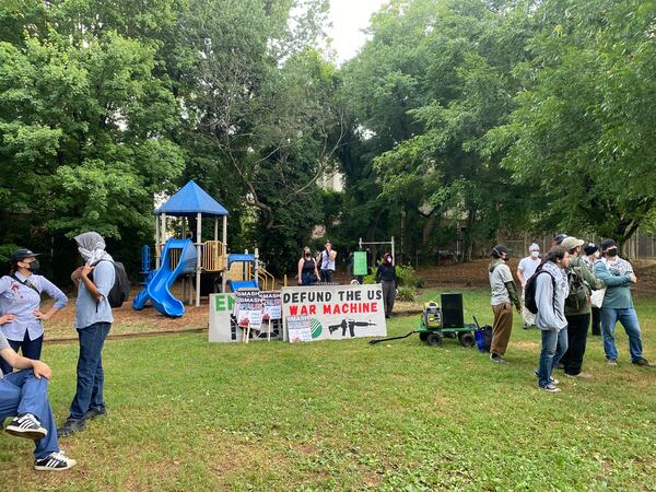 Protesters are gathered at Home Park off Tumlin Street.