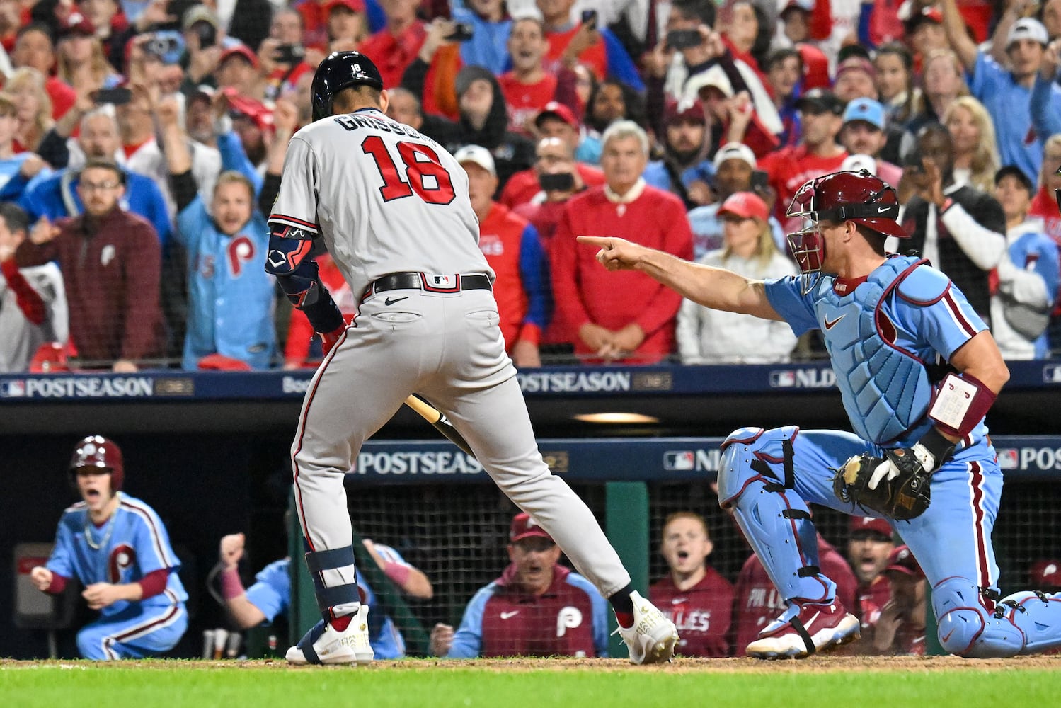 Atlanta Braves shortstop Vaughn Grissom (18) strikes out in the ninth inning to seal a 3-1 Philadelphia Phillies NLDS Game 4 win at Citizens Bank Park in Philadelphia on Thursday, Oct. 12, 2023.   (Hyosub Shin / Hyosub.Shin@ajc.com)