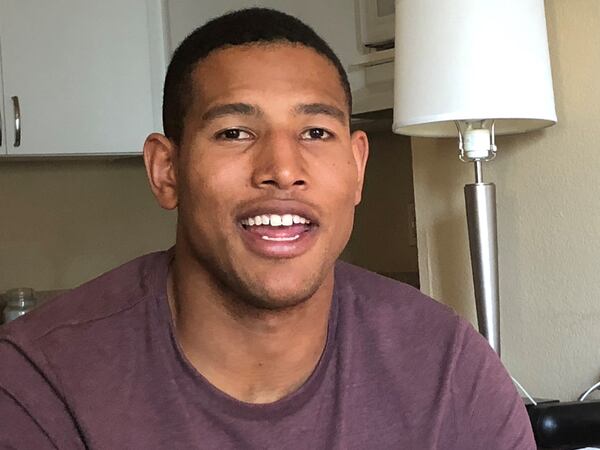 Darren Waller sits for a long talk about his victory over addiction in the extended stay hotel room that's his home now in Oakland. (Steve Hummer/staff photo)