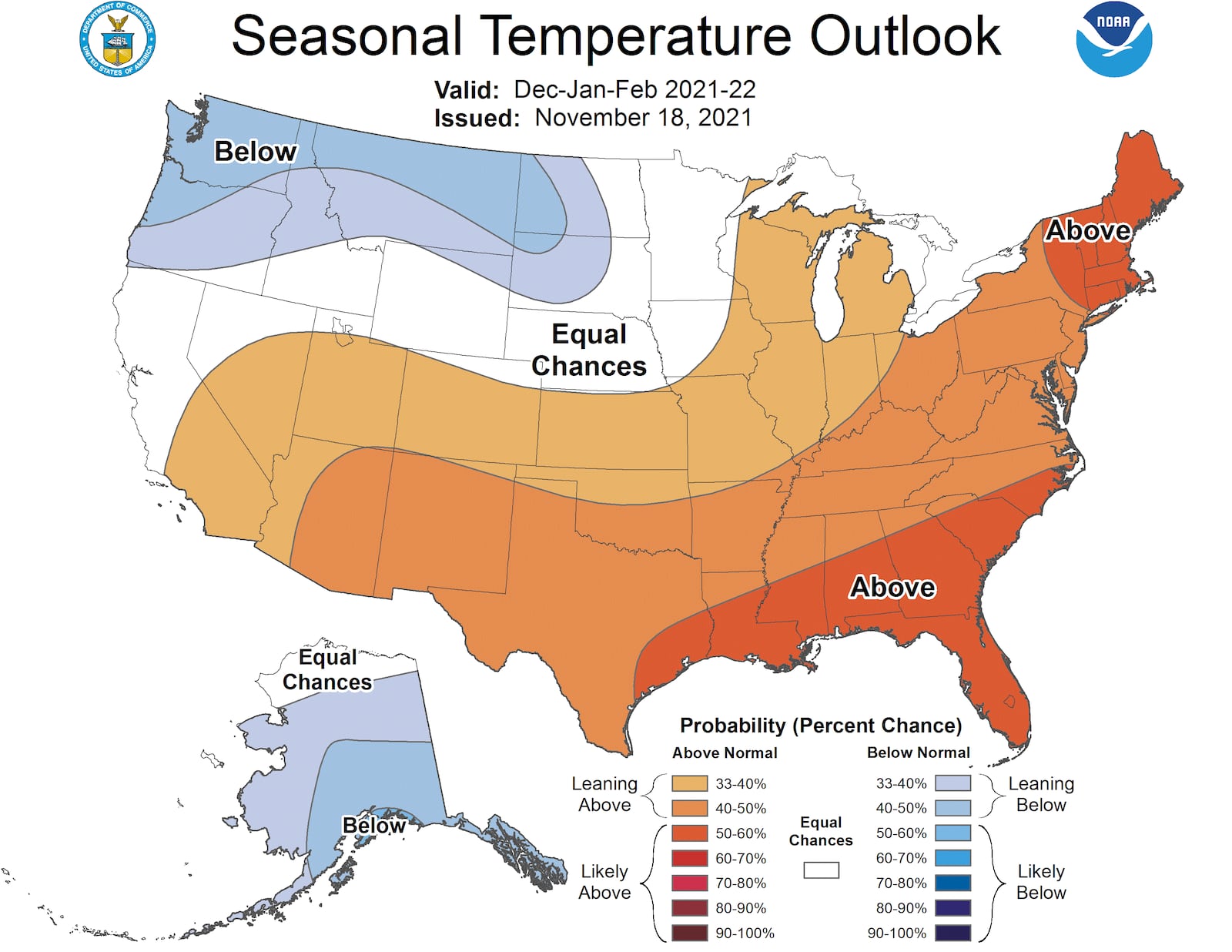 New projections released on November 18, 2021 by NOAA show a strong likelihood that temperatures across much of Georgia will be above average this winter.